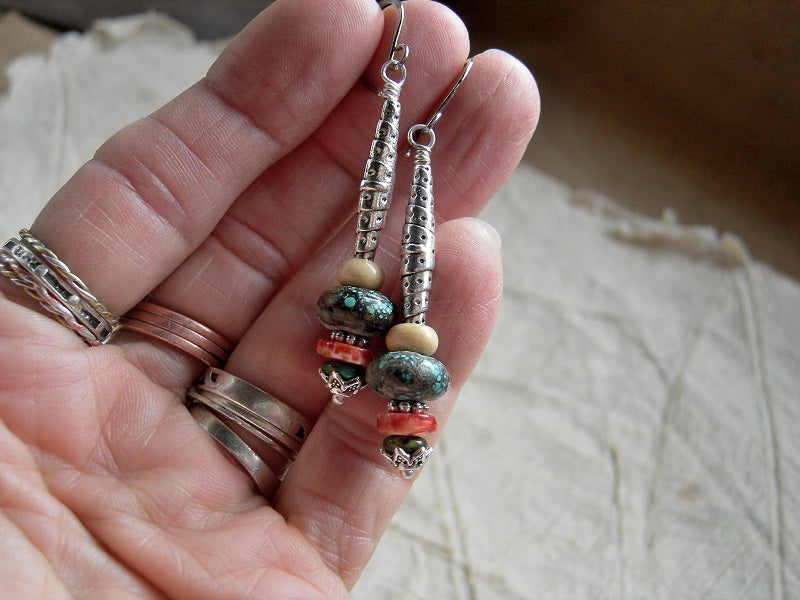 Simple gem stack earrings with Thai style beads & caps, natural turquoise, bone & spiny oyster shell. 