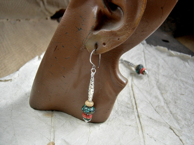 Gem & silver stack earrings with Thai style beads & caps, natural turquoise, bone & spiny oyster shell. 