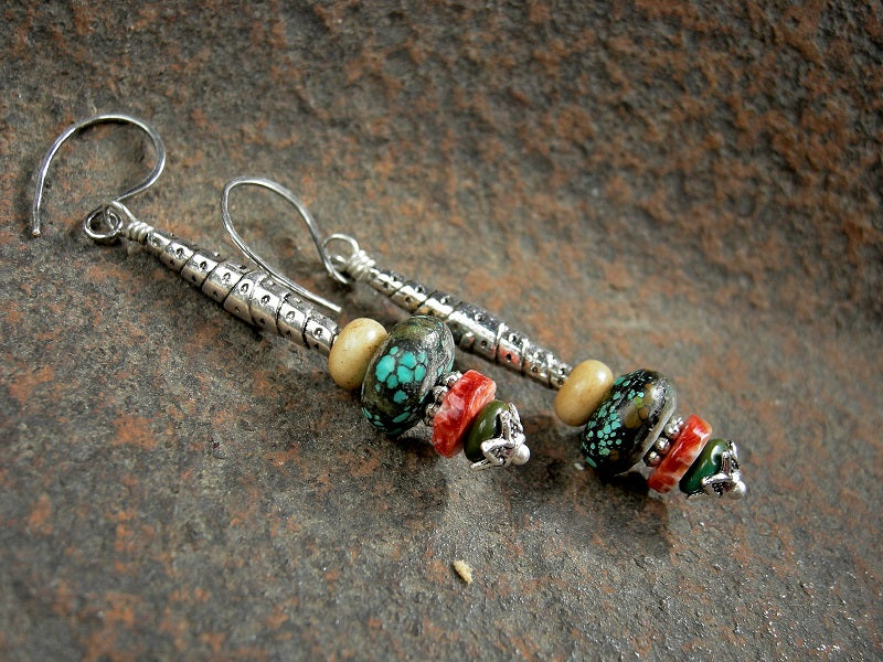 Elegant boho gem stack earrings with Thai style beads & caps, natural turquoise, bone & spiny oyster shell. 