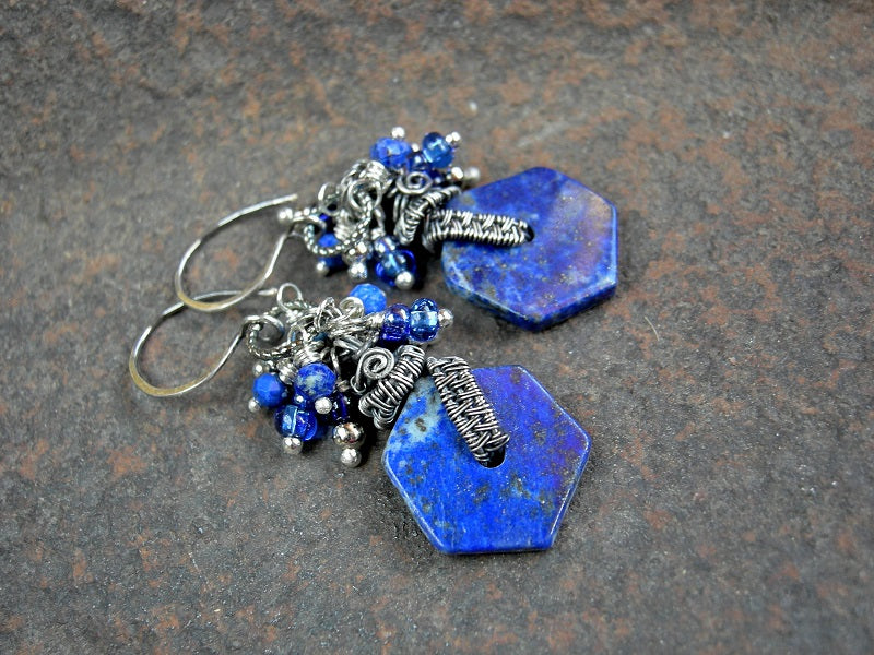 Boho luxe cluster style earrings with natural lapis discs, glass, silver & faceted lapis beads & sterling wire wrap. 
