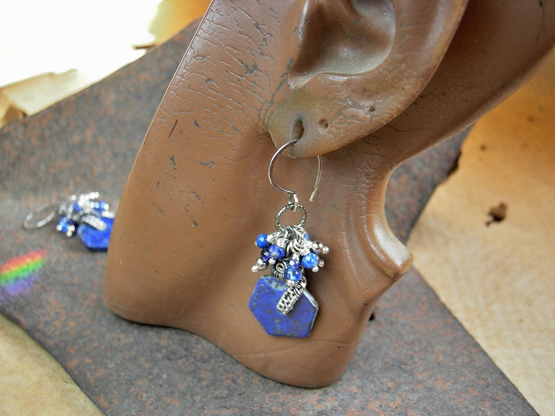 Blue cluster earrings with lapis discs, glass, silver & faceted lapis beads & sterling wire wrap. 