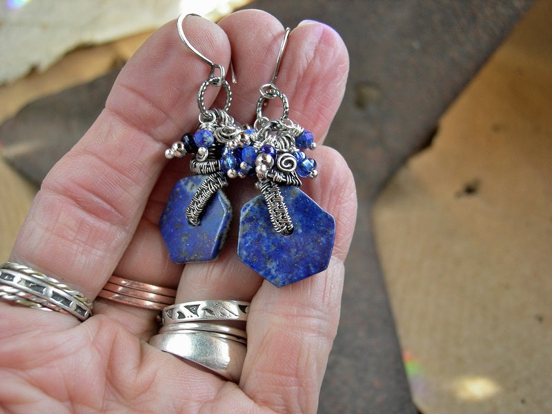 Cobalt cluster earrings with lapis discs, glass, silver & faceted lapis beads & sterling wire wrap. 