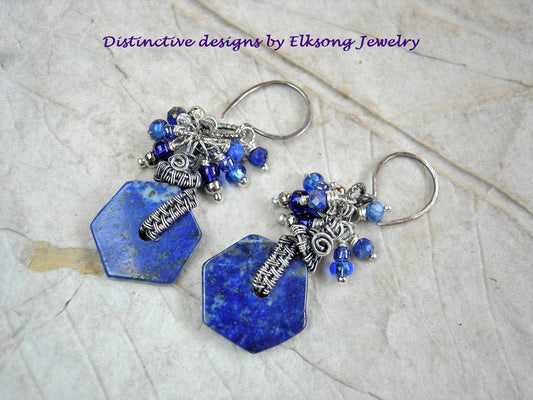 Cobalt cluster earrings with lapis discs, glass, silver & faceted lapis beads & sterling wire wrap. 