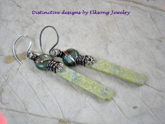 Noble serpentine tab earrings with Alaskan jade lenticular beads, copper wire wrap. 