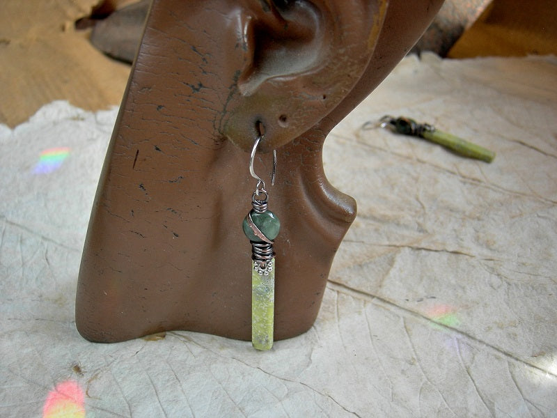 Shades of green, stone tab earrings, noble serpentine & Alaskan jade. 
