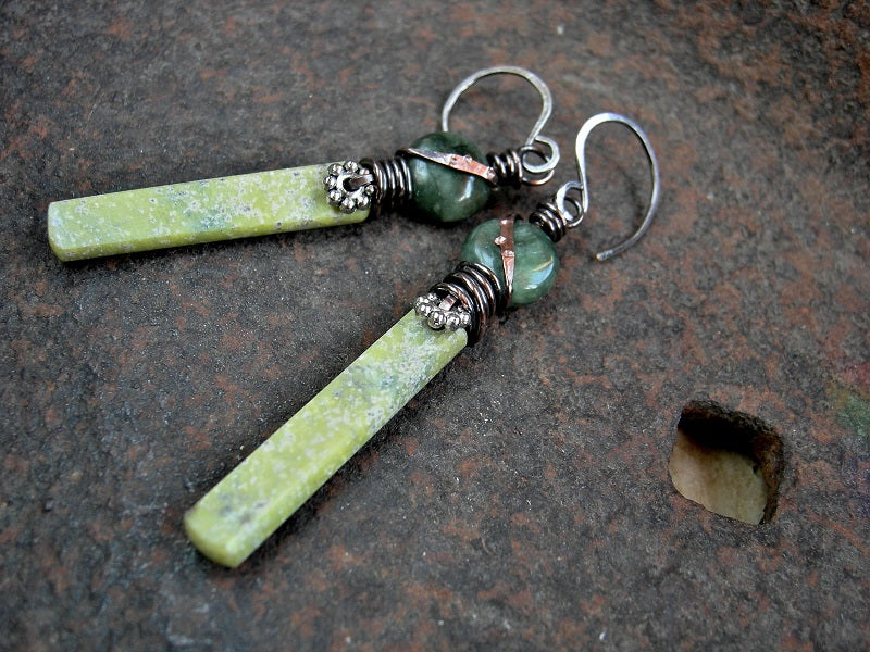 Shades of green, hand cut serpentine tab & jade lentil bead earrings. 