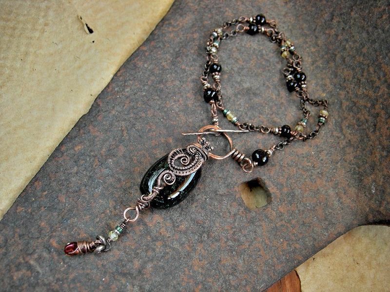 Lampwork glass bead & copper wire wrap  focal on wrapped link necklace with black amber & faceted citrine. 