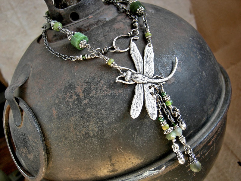 Green dragonfly necklace, triple focal drops with jade & silver Bali style beads, sterling chain. 