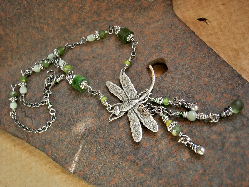 Bohemian dragonfly necklace with green jade beads, triple focal drops & sterling chain. 