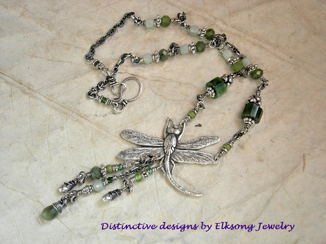 Green dragonfly necklace with faceted jade & silver Bali style beads, oxidized sterling chain. 
