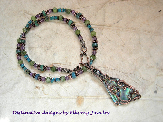 Sea Faery necklace with natural abalone shell & copper wire wrap focal, amethyst, jade, apatite beads. 