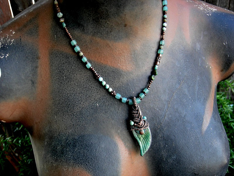 Raku ceramic wing necklace with copper wire wrap & asymmetrical turquoise, vintage Java glass & copper strung beads. 