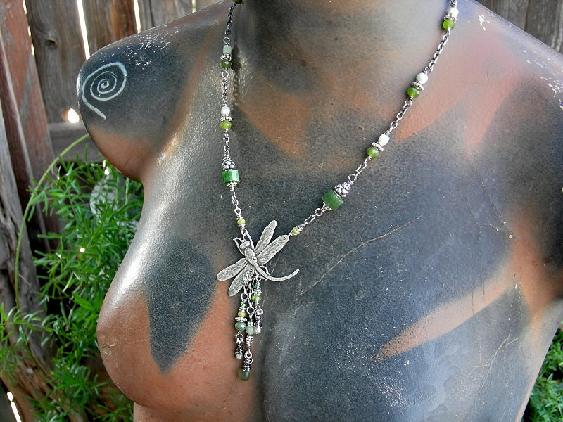 Green dragonfly necklace, triple focal drops with jade & silver Bali style beads, sterling chain. 