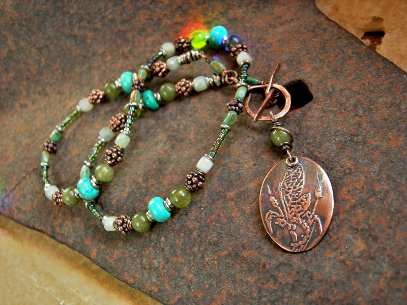 Havasu Falls necklace with etched copper dragonfly focal, blue green gemstone beads & handmade copper toggle clasp. 