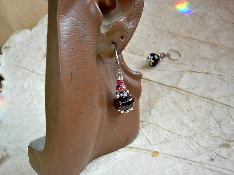 Ruby & garnet earrings, bead stack style with silver details & sterling ear wires. 