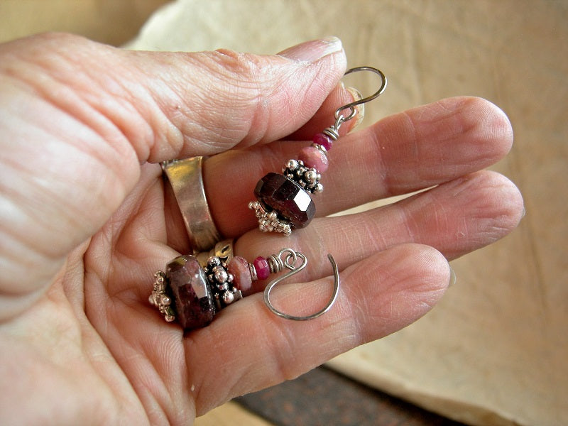 Ruby & garnet earrings, bead stack style with silver details & sterling ear wires. 