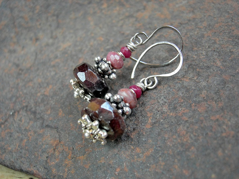Boho luxe red gemstone bead stack earrings with ruby, garnet & silver Bali style beads. 
