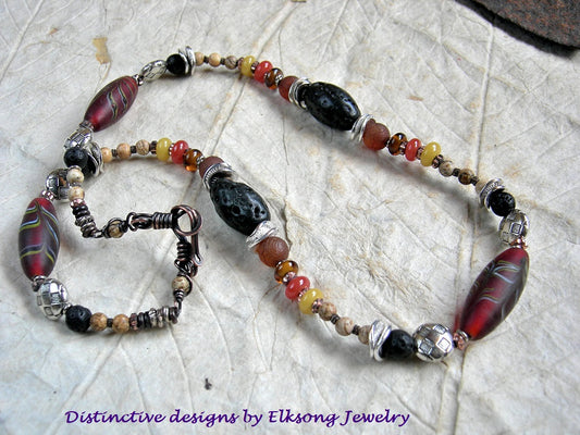 Earthy color unisex necklace with vintage glass "feather" beads, lava stone, picture jasper, carnelian. Black, amber, russet colors. 