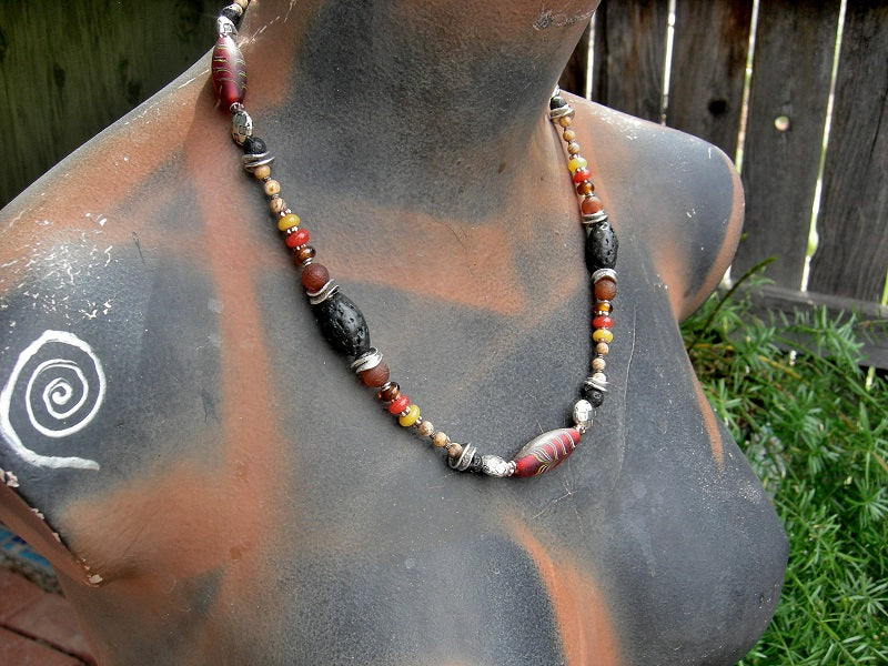 Earthy color unisex necklace with vintage glass "feather" beads, lava stone, picture jasper, carnelian. Black, amber, russet colors. 