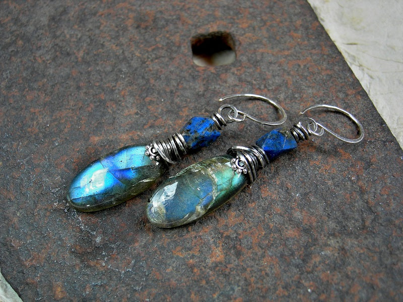 Boho luxe blue flash labradorite earrings with faceted lapis beads & oxidized sterling wire wrap. 