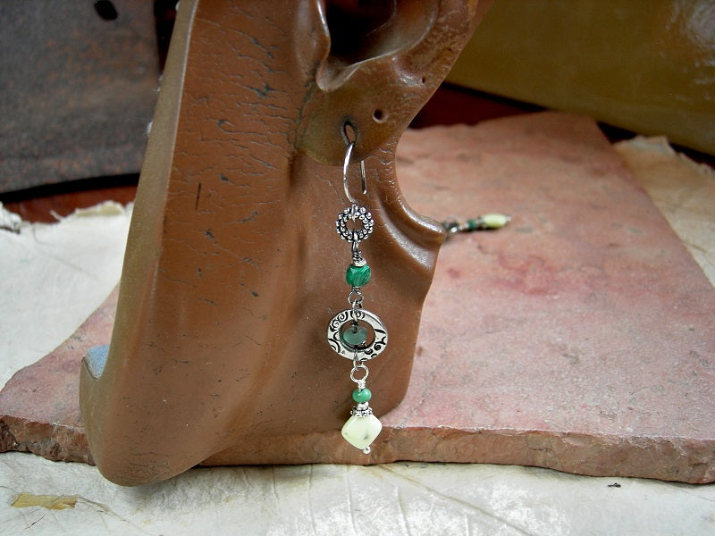 Green Fields gemstone & glass earrings, silver details & sterling ear wires. 