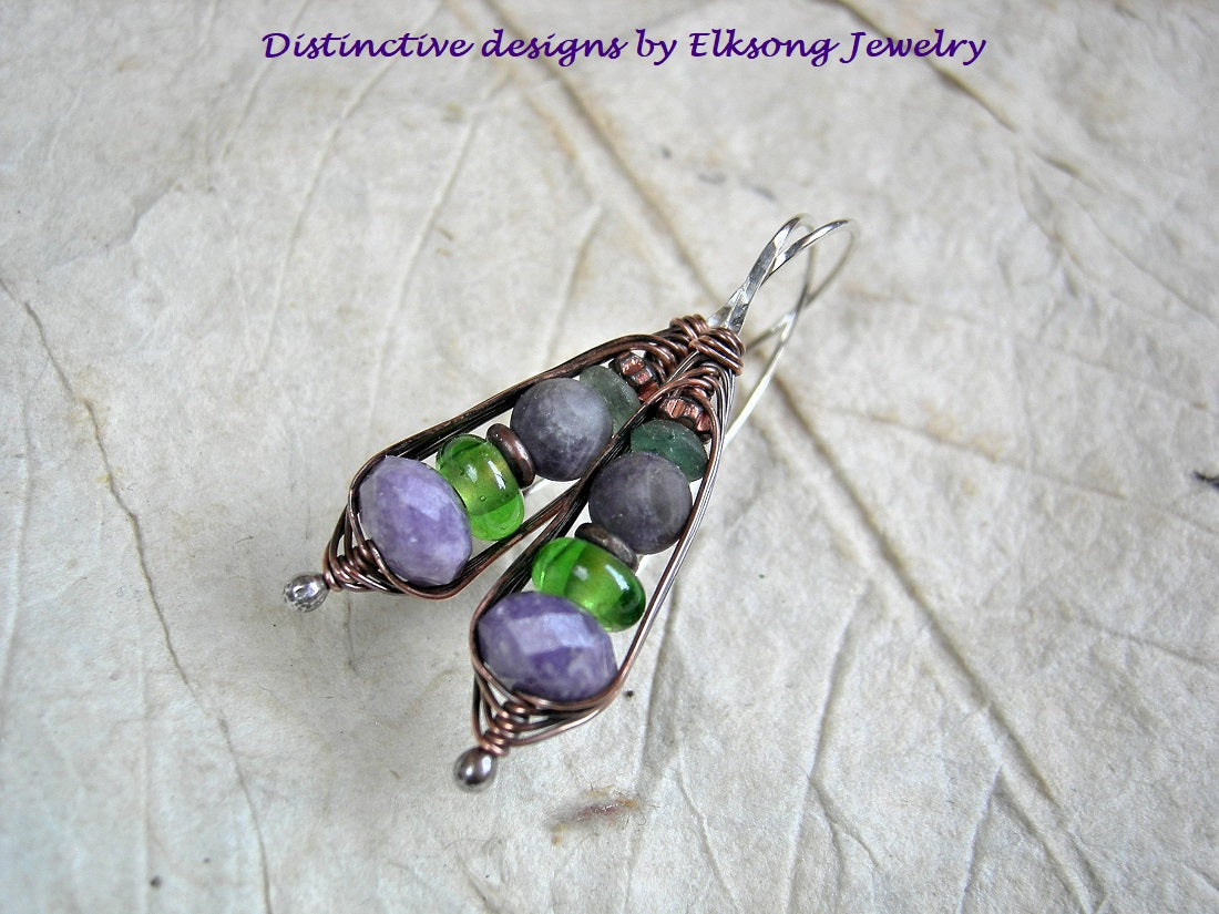 Juicy purple & green gemstone & glass wrapped hook earrings. Amethyst, Indonesian & ancient Roman glass. 
