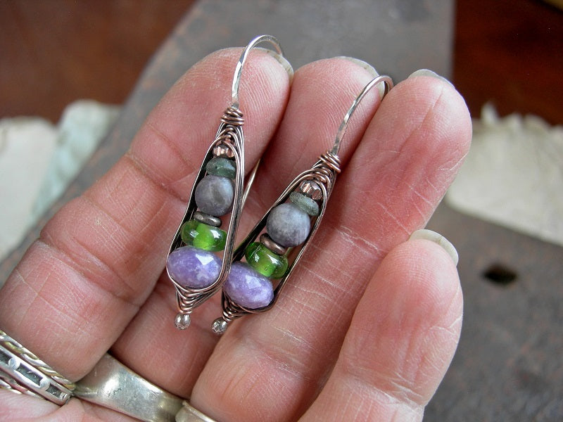 Boho indie purple & green gemstone & glass wrapped hook earrings. Amethyst, Indonesian & ancient Roman glass. 