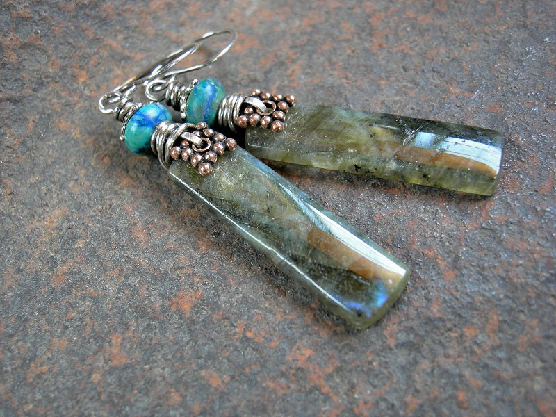 Stone tab earrings, cool grey labradorite with blue flashes, azurmalachite beads & sterling wire wrap.