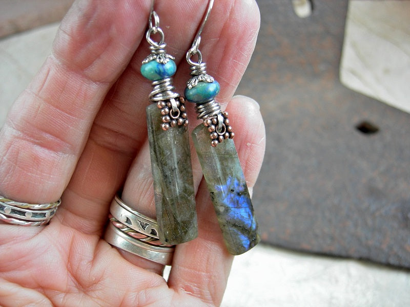 Sophisticated labradorite tab earrings, grey stone with blue flashes, azurmalachite beads & sterling wire wrap.