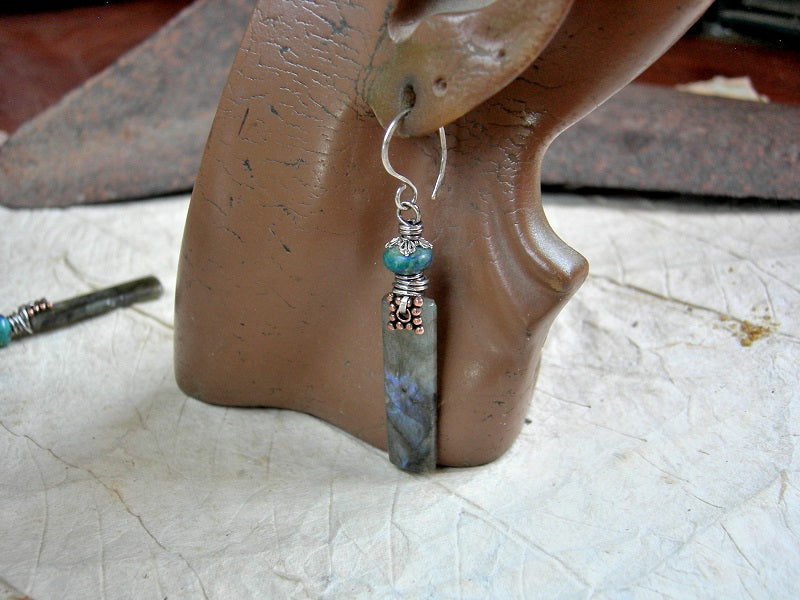 Elegant labradorite tab earrings, grey stone with blue flashes, azurmalachite beads & sterling wire wrap.
