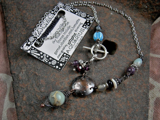 Aquarius Zodiac necklace, custom birthstone jewelry, unique astrological necklace