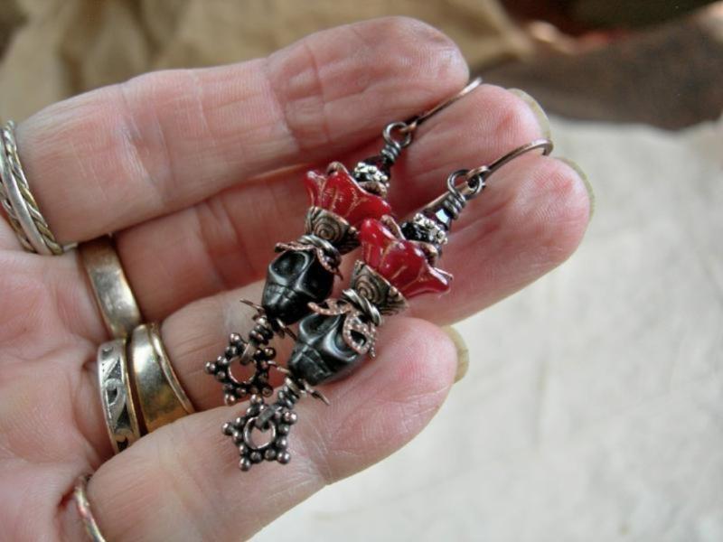 Black voodou queen earrings, magnesite sugar skulls, red glass flower & copper filigree crowns, Day of the Dead jewelry