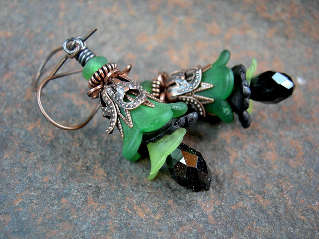 Elegant flower drop earrings in green, black & antiqued copper. Sophisticated faery couture. 